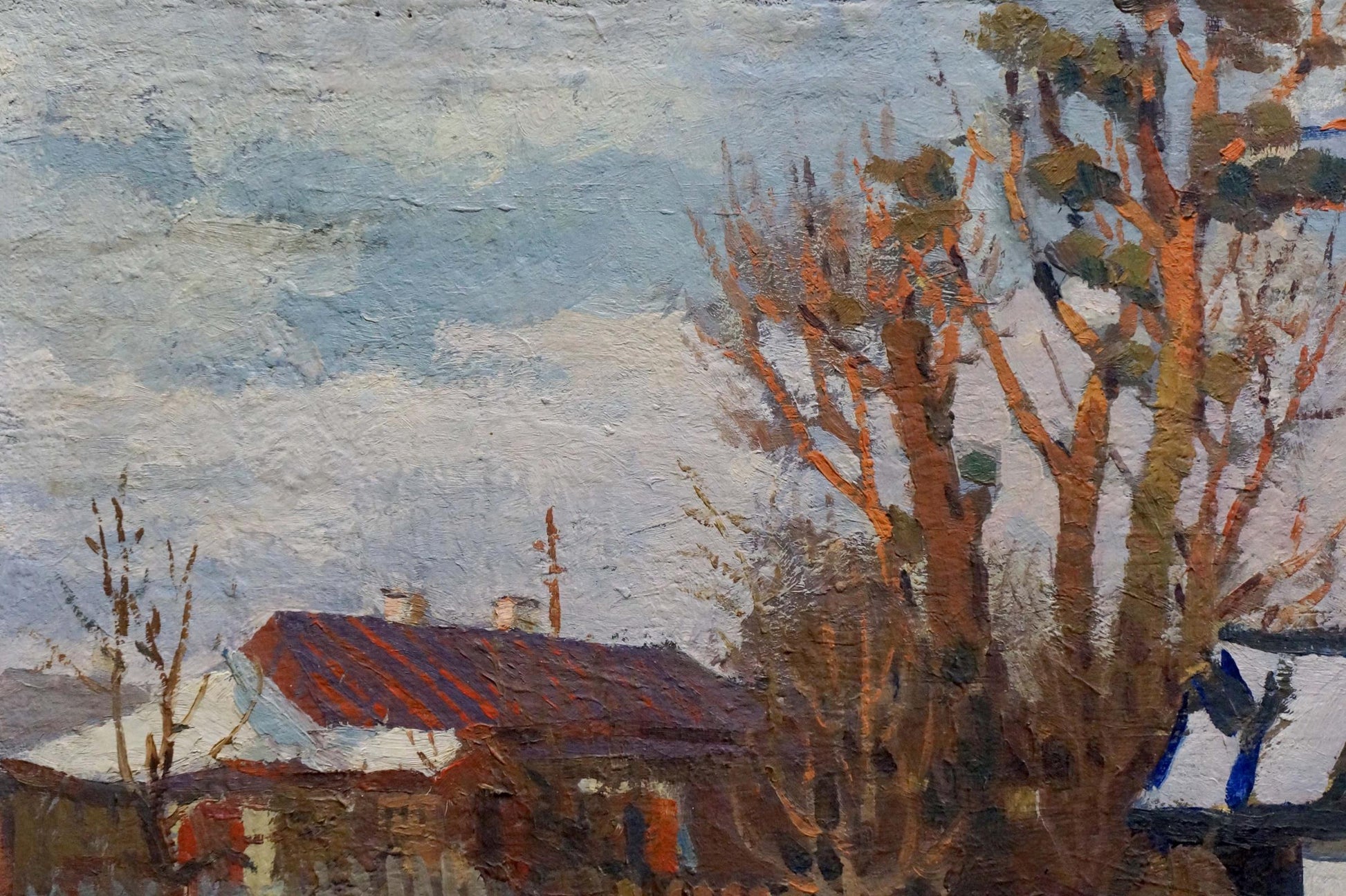 Oil painting by Vladimir Belyak: snowy yard, rustic house, autumn trees