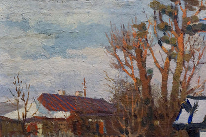 Oil painting by Vladimir Belyak: snowy yard, rustic house, autumn trees