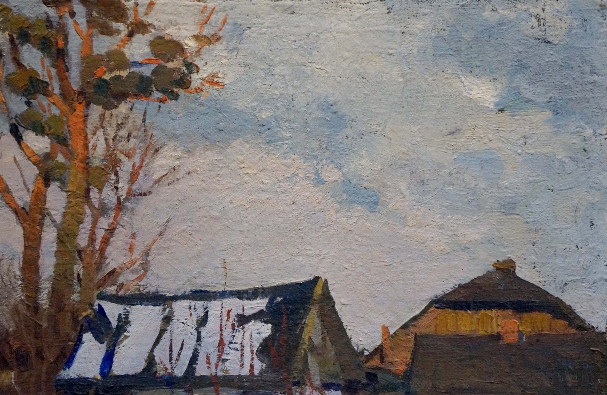 Oil painting The yard is covered with snow by Vladimir Belyak, autumn tree scene