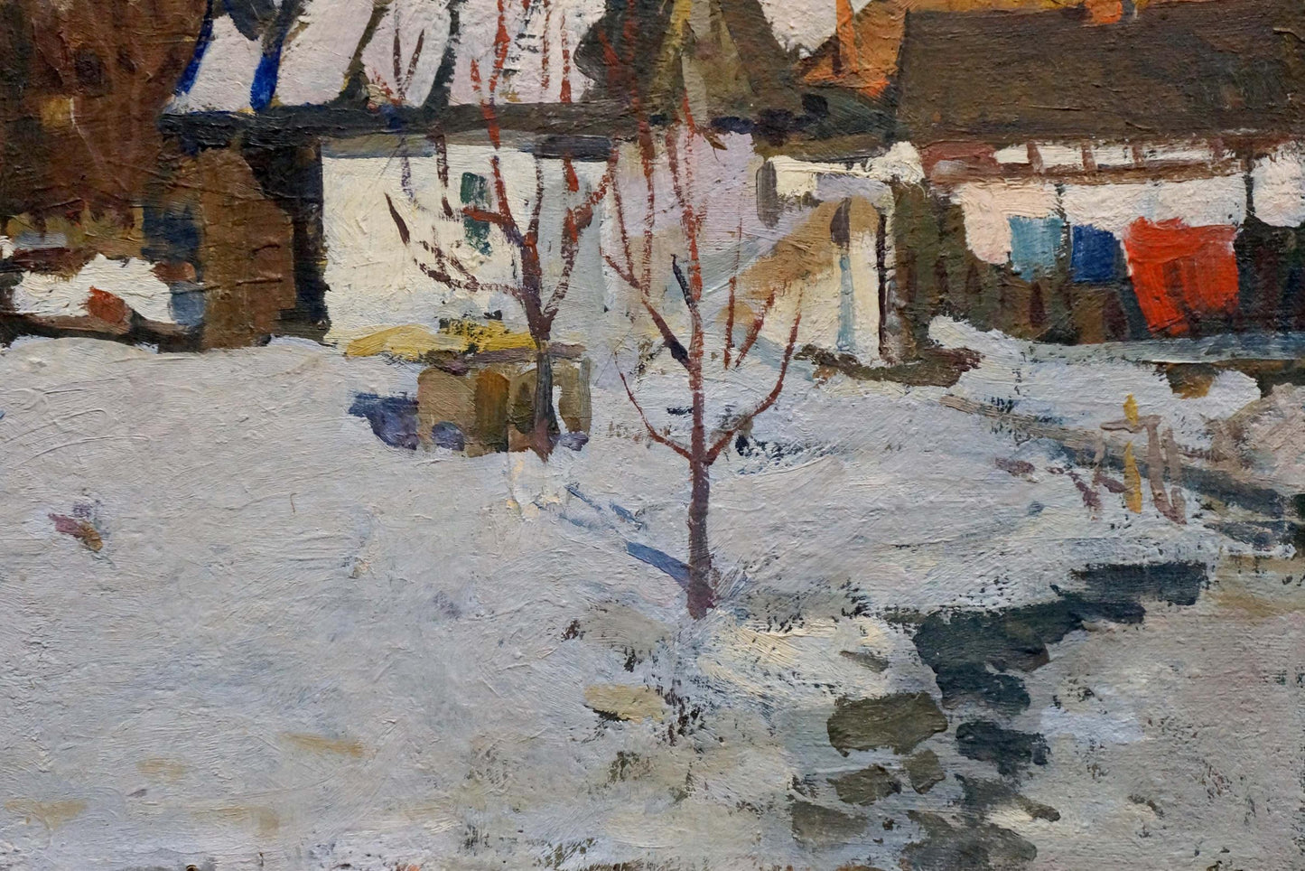 Oil painting of snow-covered yard with bare tree by Vladimir Belyak