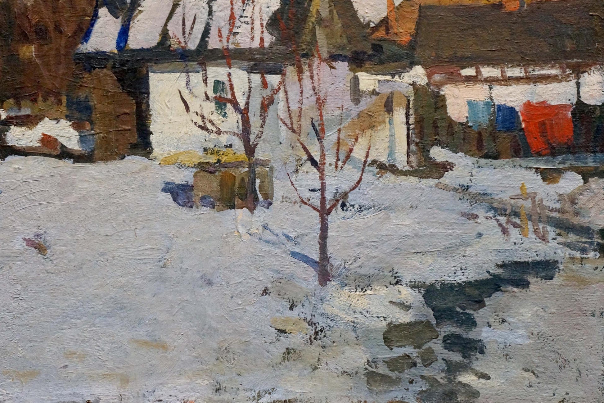 Oil painting of snow-covered yard with bare tree by Vladimir Belyak