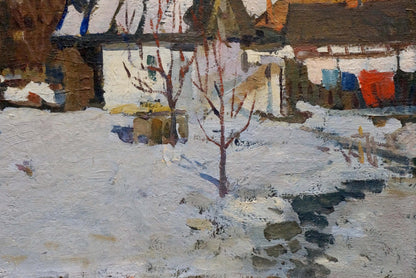 Oil painting of snow-covered yard with bare tree by Vladimir Belyak