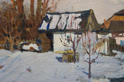 Oil painting The yard is covered with snow by Vladimir Belyak, snowy village scene