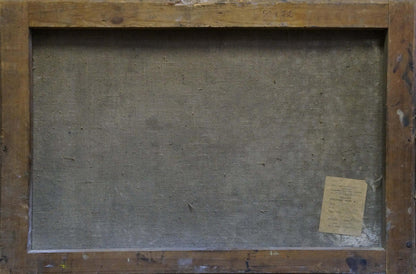 Back of Vladimir Belyak snow yard oil painting canvas with yellow label