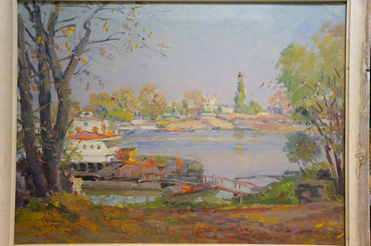 Oil painting City pier Grigory Kisil: serene lakeside autumn scene