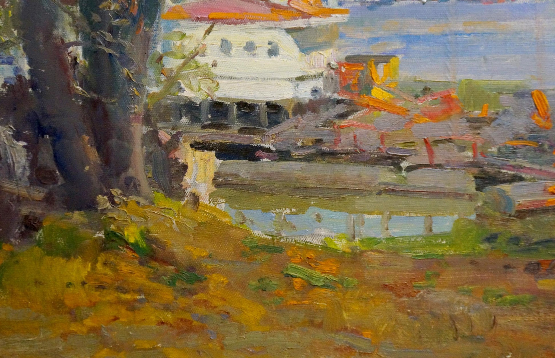 Vibrant impressionistic oil painting of lakeside city pier by Grigory Kisil