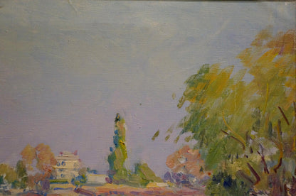 Impressionistic oil painting of city pier with green-yellow trees, lavender sky by Grigory Kisil
