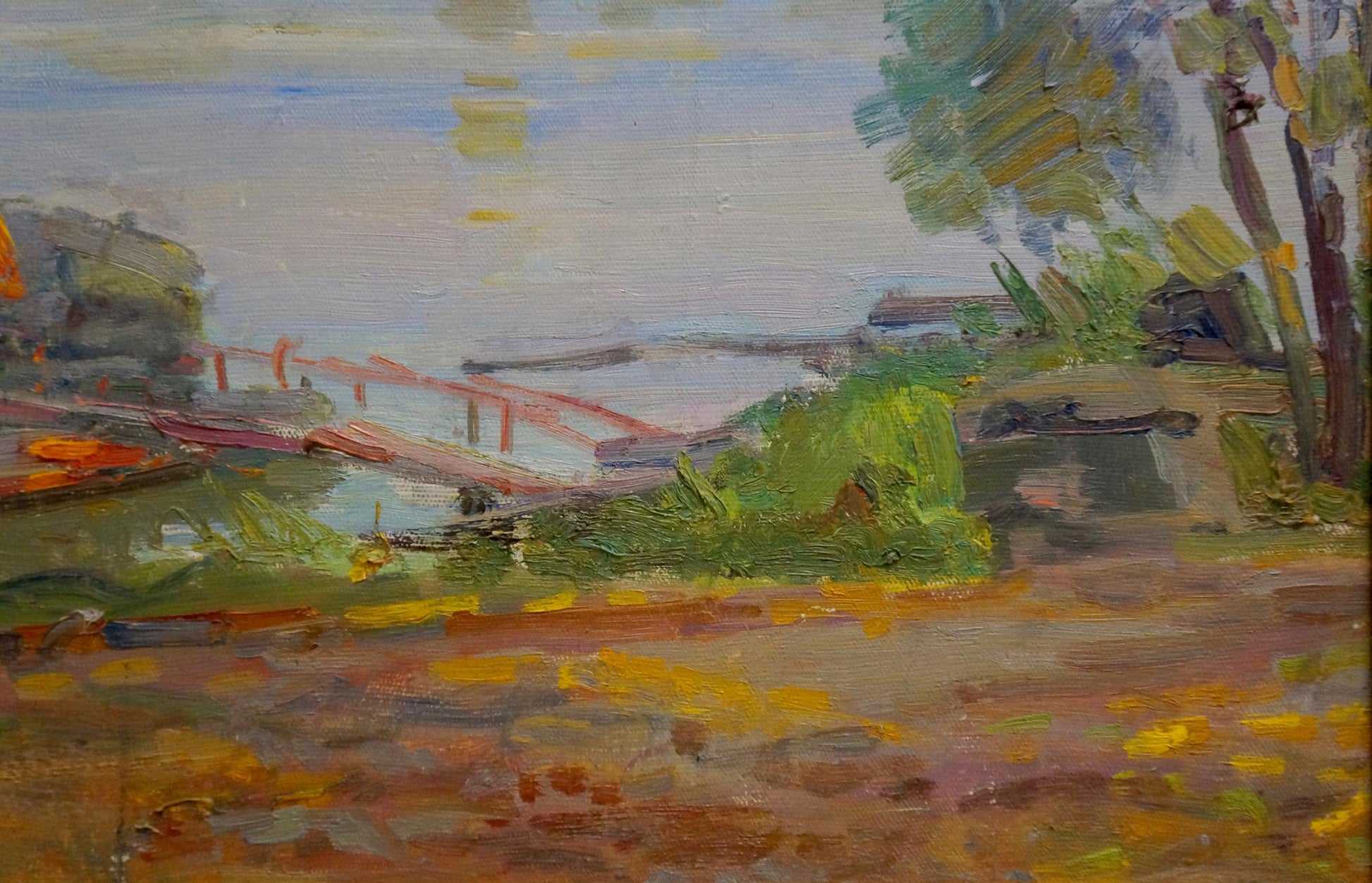 Vibrant impressionist oil painting of red City Pier bridge by Grigory Kisil