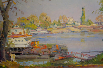 Serene impressionist oil painting of Grigory Kisil city pier with autumn trees and boats