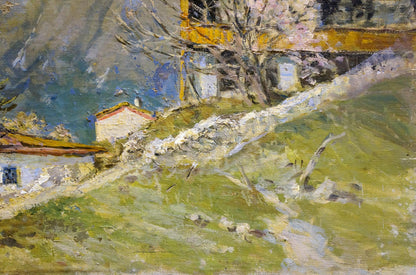 Oil painting by V. Ferber: impressionistic hillside with white houses, bare trees