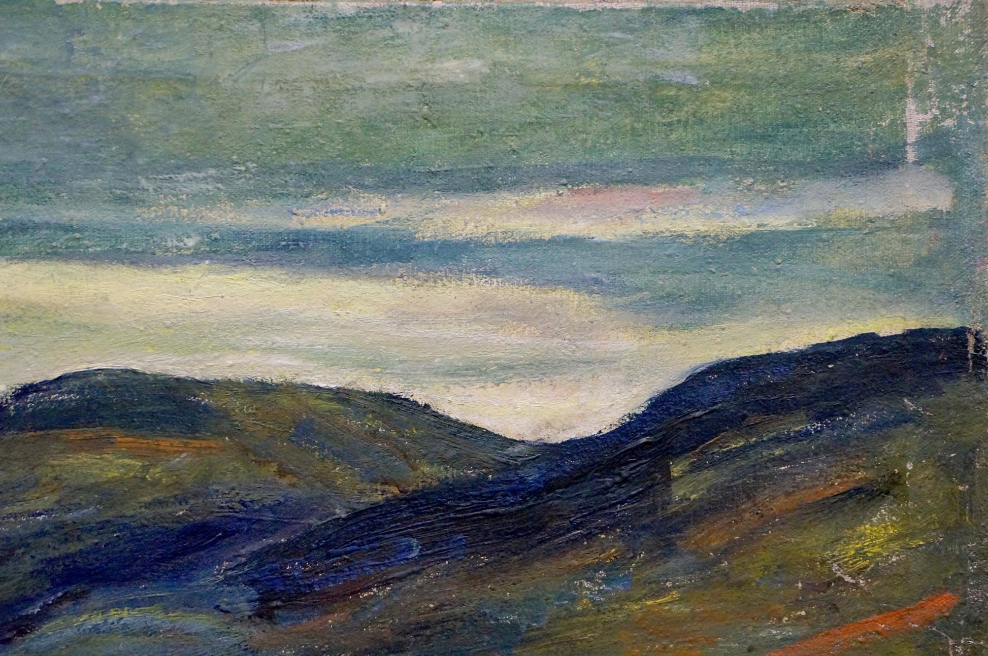 Oil painting of mountain landscape by Glyuk Gavriil Martynovich with textured brushstrokes in muted greens and blues