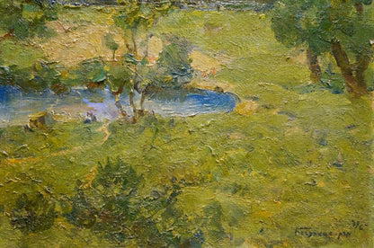 Impressionistic oil painting of serene green forest landscape with pond by Bagdasaryan Karen Drastomatovich