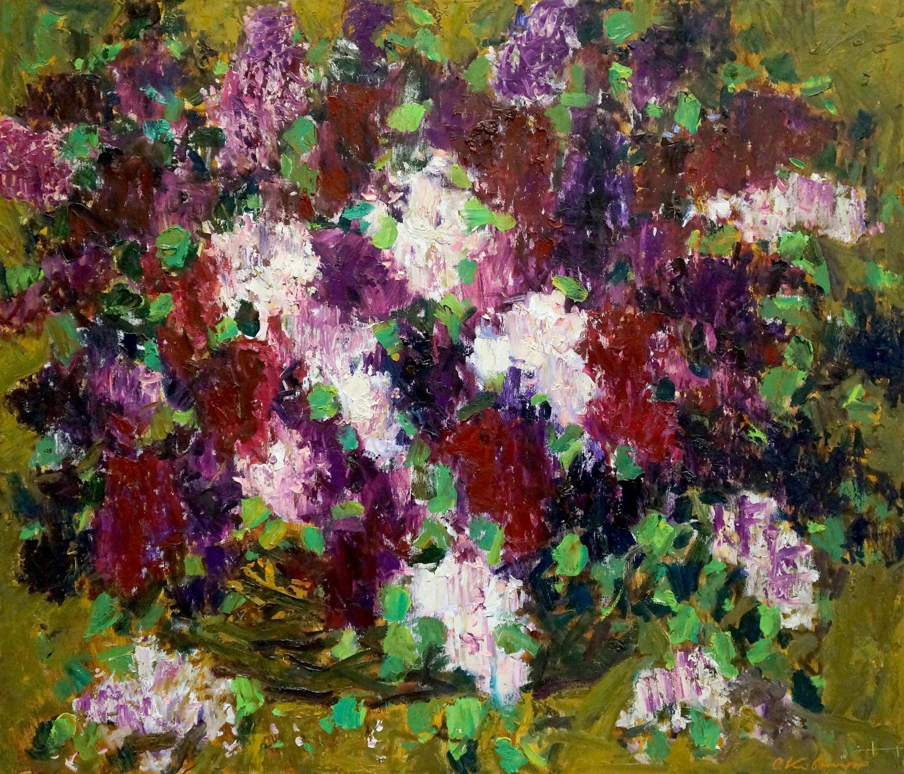 Vibrant impressionistic oil painting of lilac bush in bloom by Kovtun Sergey Ivanovich