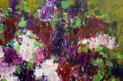 Oil painting Flowers by Kovtun Sergey Ivanovich, vibrant purple green strokes on yellow