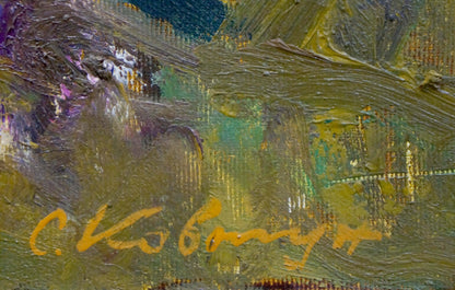 Oil painting Flowers by Kovtun Sergey Ivanovich, textured green yellow purple strokes