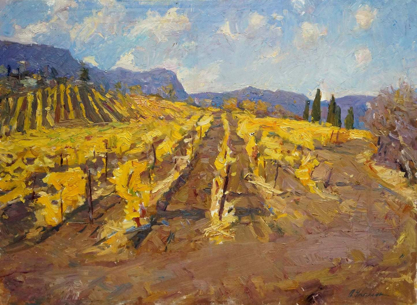Vibrant oil painting of sunlit vineyards by Nagulyak Petr Ivanovich