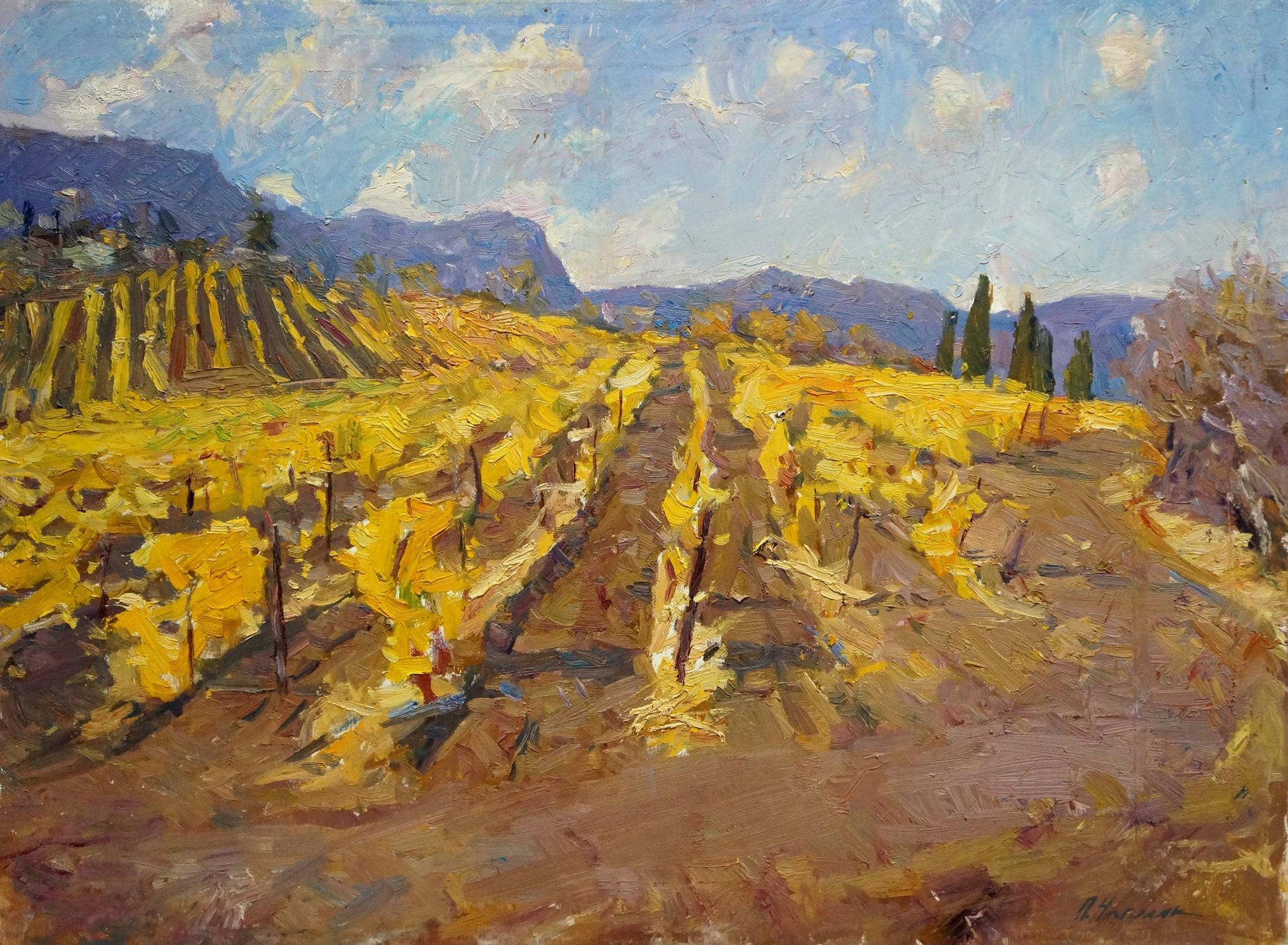 Vibrant oil painting of sunlit vineyards by Nagulyak Petr Ivanovich