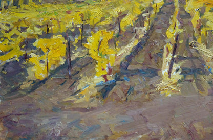 Vibrant yellow oil painting of sunlit vineyard by Nagulyak Petr Ivanovich