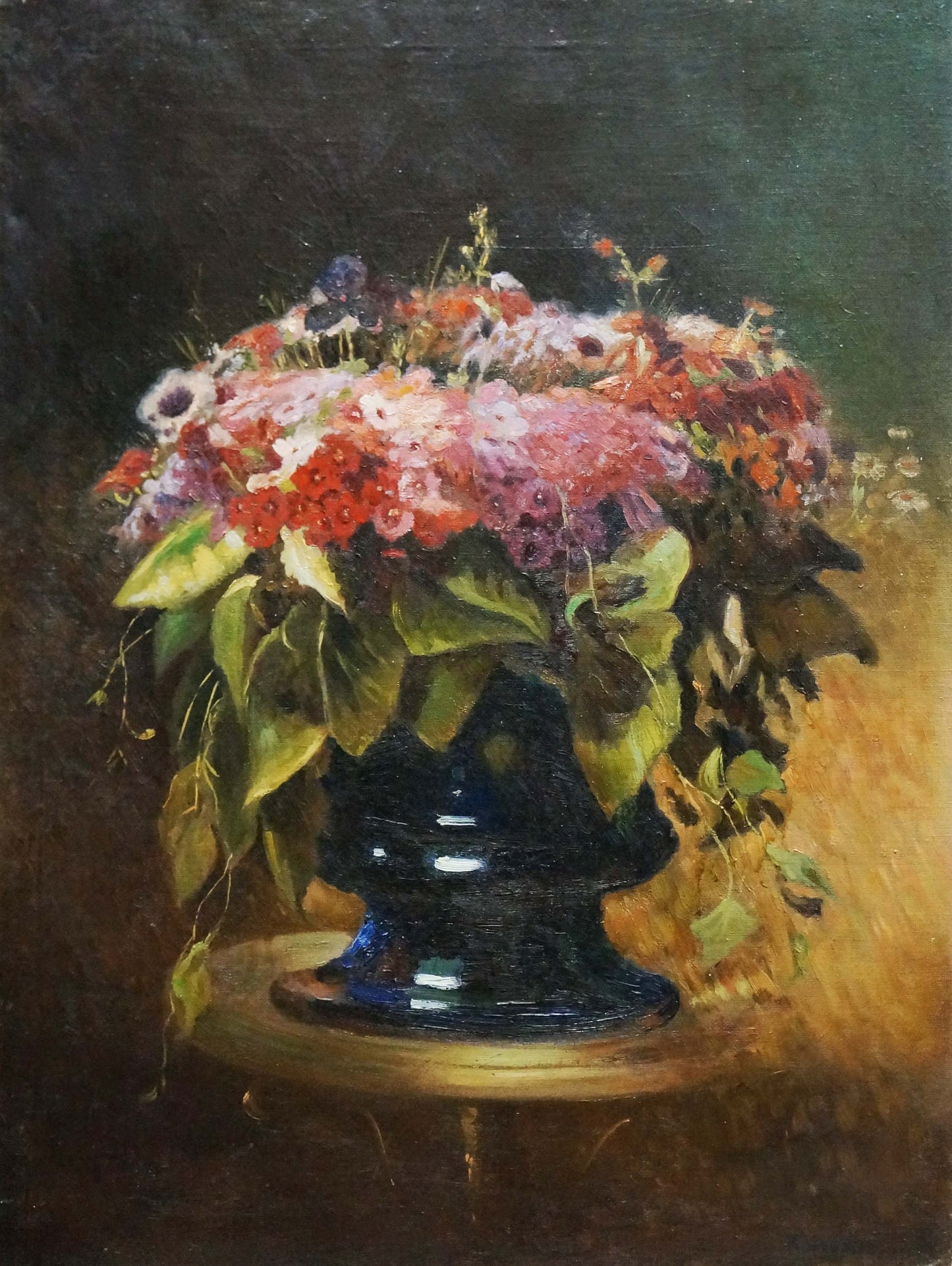 Oil painting of lush bouquet of flowers Komyakhov in glossy dark blue vase