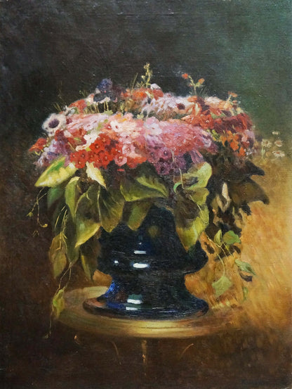 Oil painting of lush bouquet of flowers Komyakhov in glossy dark blue vase