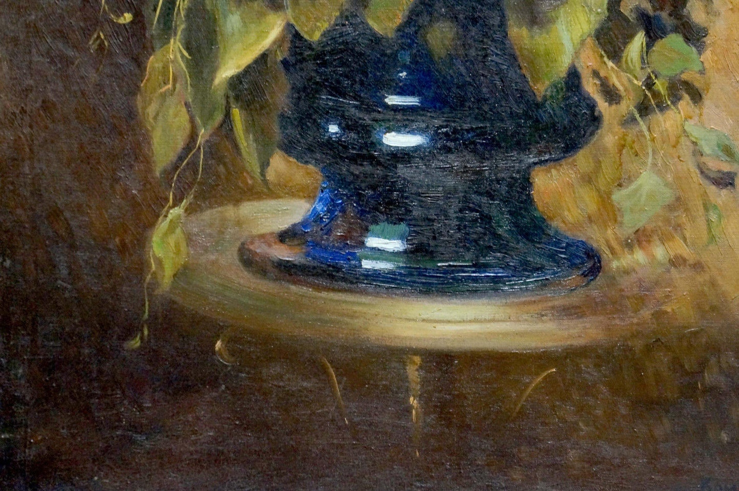 Deep blue glossy glass vase under green leaves on wood, lush bouquet oil painting by Komyakhov