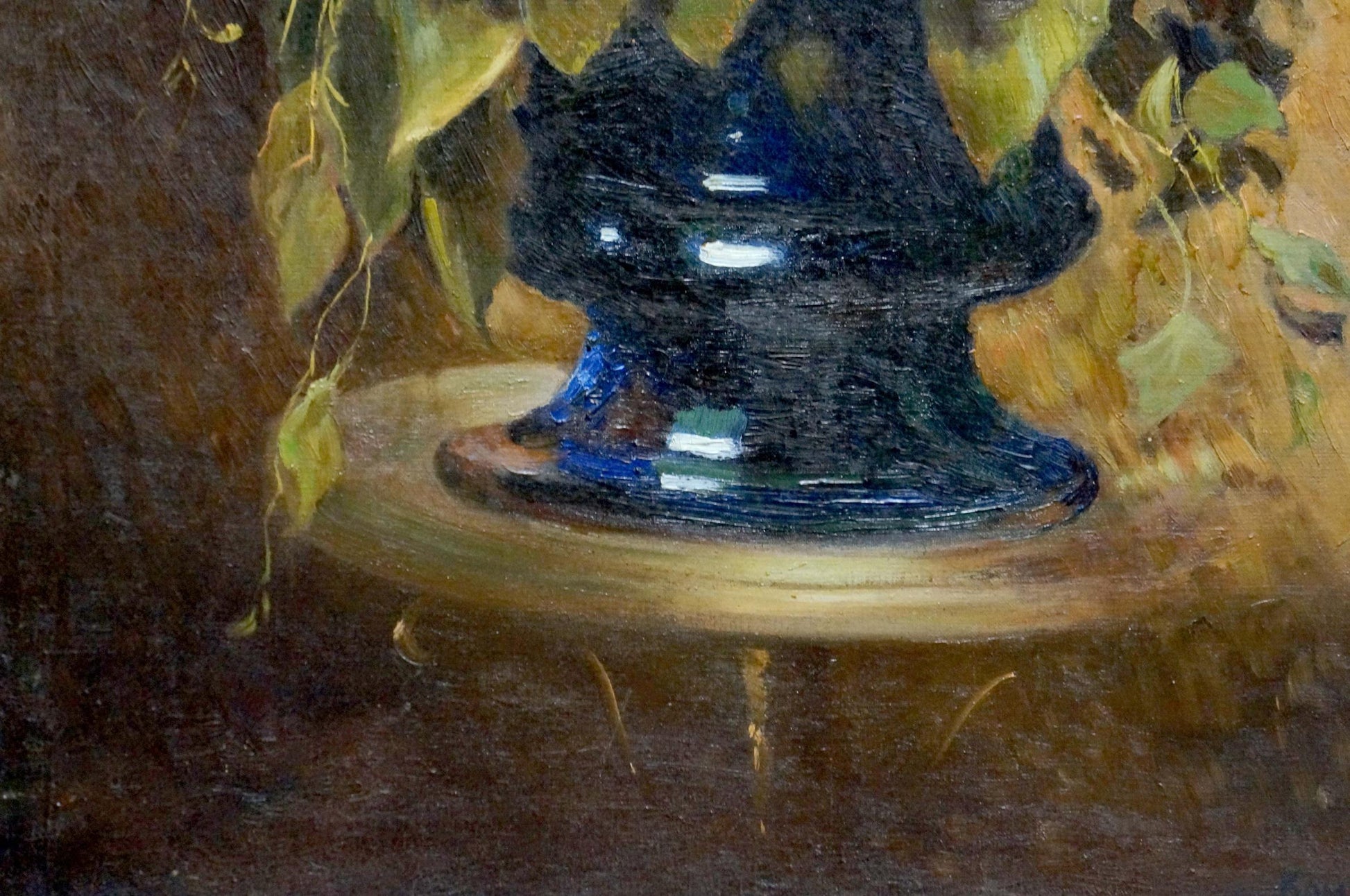 Deep blue glossy glass vase under green leaves on wood, lush bouquet oil painting by Komyakhov