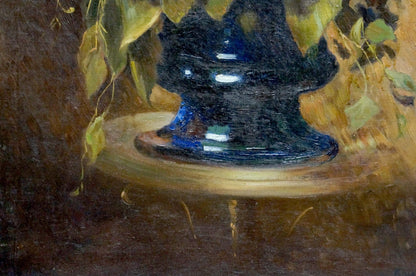 Deep blue glossy glass vase under green leaves on wood, lush bouquet oil painting by Komyakhov