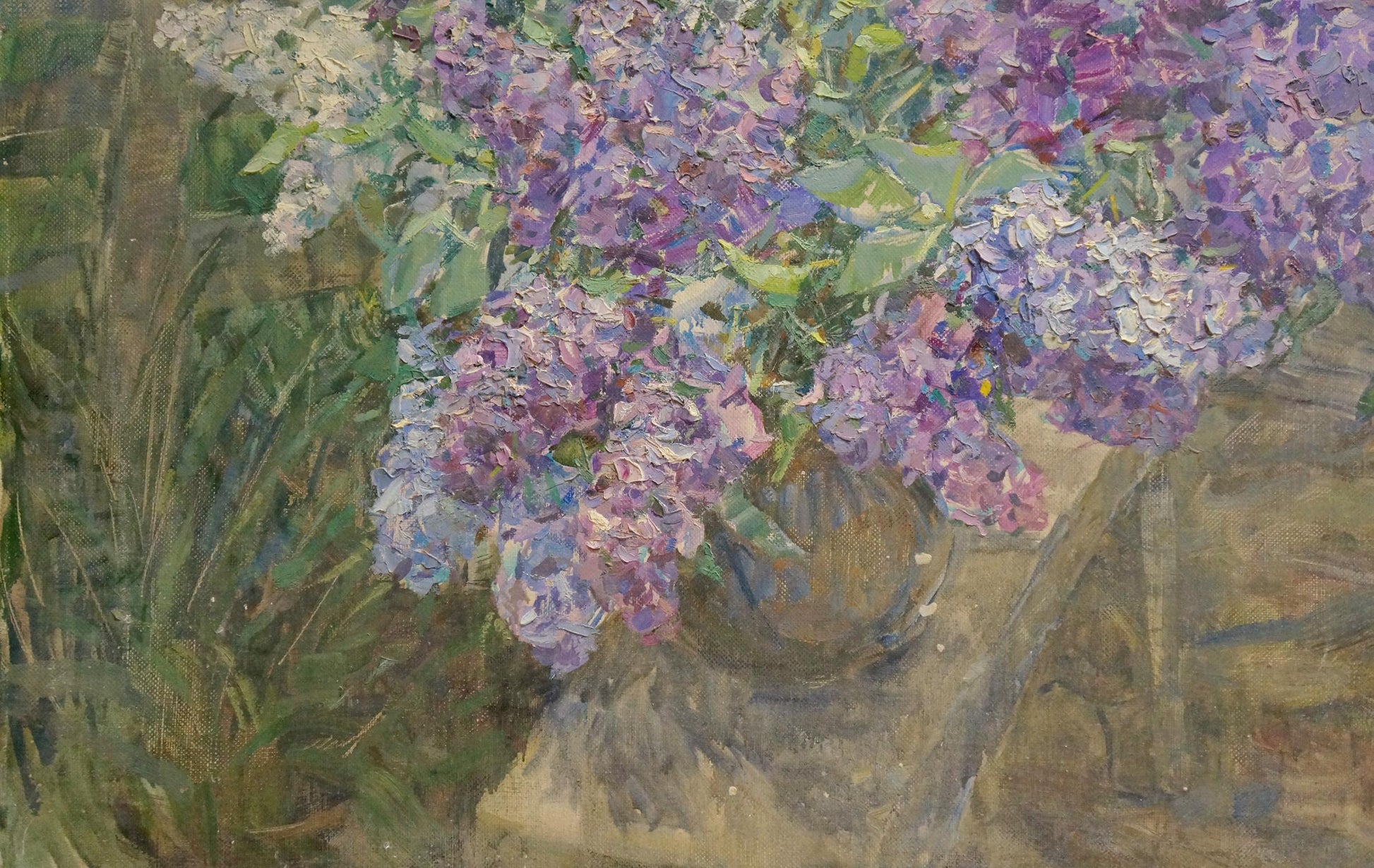 Oil painting of lush purple and white lilacs in rustic vase by Dragomirova Nina Stepanovna