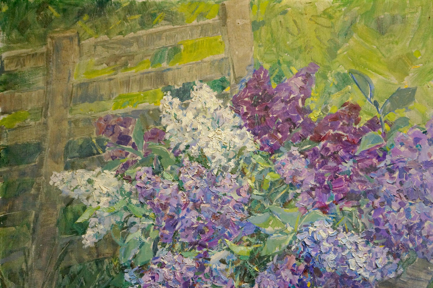 Oil painting of vibrant purple white lilacs in bloom by Dragomirova Nina Stepanovna