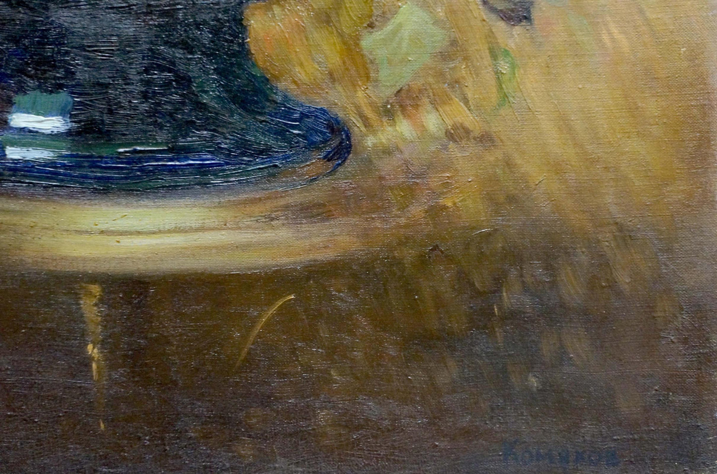 Dark blue glossy ceramic bowl on wood, Komyakhov oil painting style