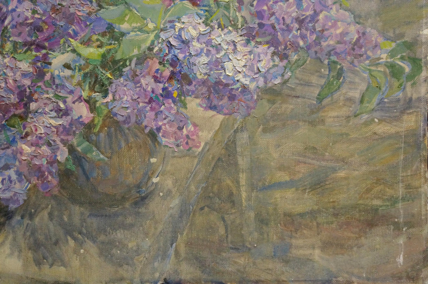 Oil painting of vibrant purple pink lilacs in rustic vase by Dragomirova Nina Stepanovna