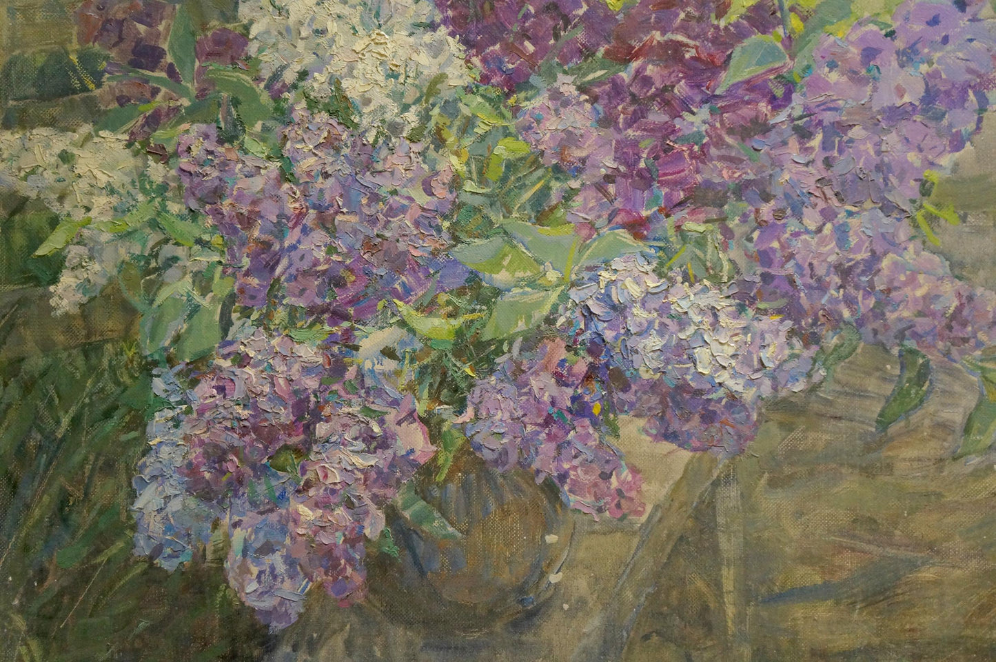 Oil painting of lush purple and white lilacs in textured vase by Dragomirova Nina Stepanovna