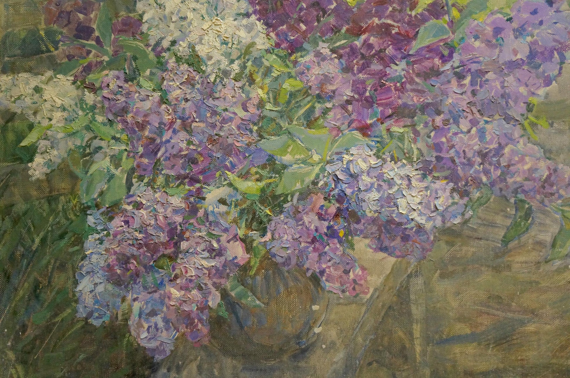 Oil painting of lush purple and white lilacs in textured vase by Dragomirova Nina Stepanovna