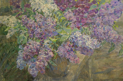 Oil painting of lush purple and white lilacs in textured vase by Dragomirova Nina Stepanovna