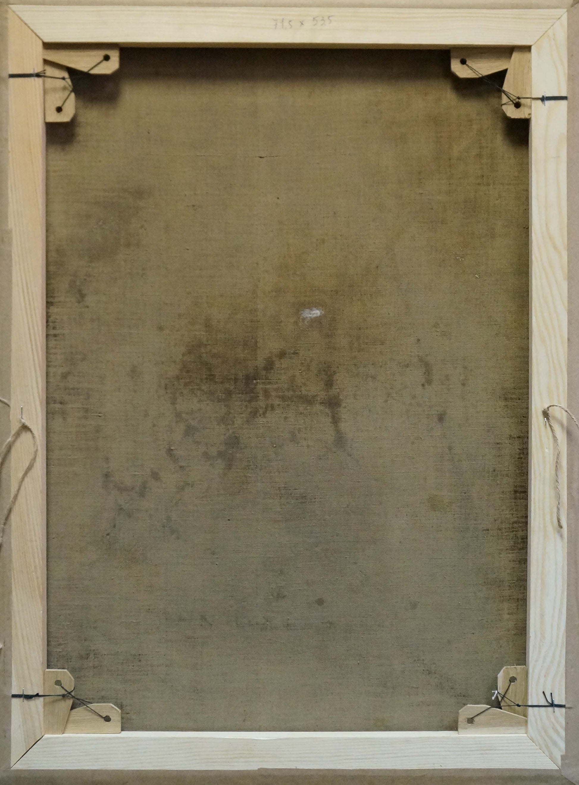 Back of Oil painting Lush bouquet of flowers Komyakhov with light wooden frame and aged canvas