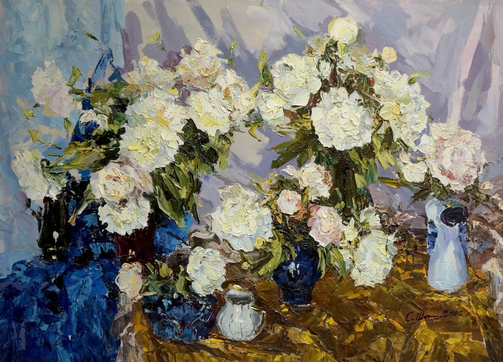 Oil painting of white peonies in vases by Shapovalov Sergey Gavrilovich