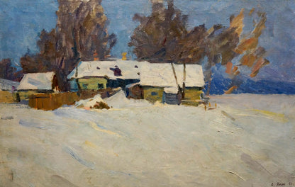 Oil painting by Yanin Anatoly Alexandrovich: snow-covered wooden houses with yellow and green walls under blue sky