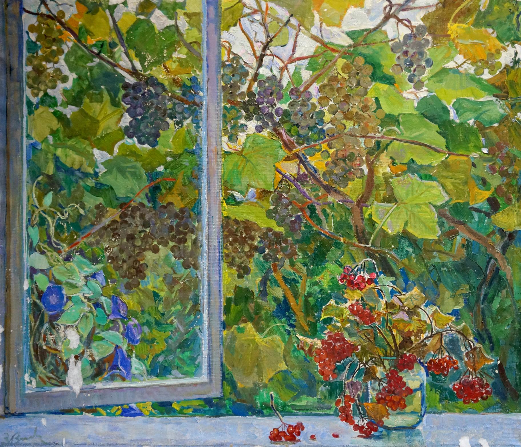 Oil painting by Zinaida Vladimirovna Volkovinskaya: red berries in vase on windowsill