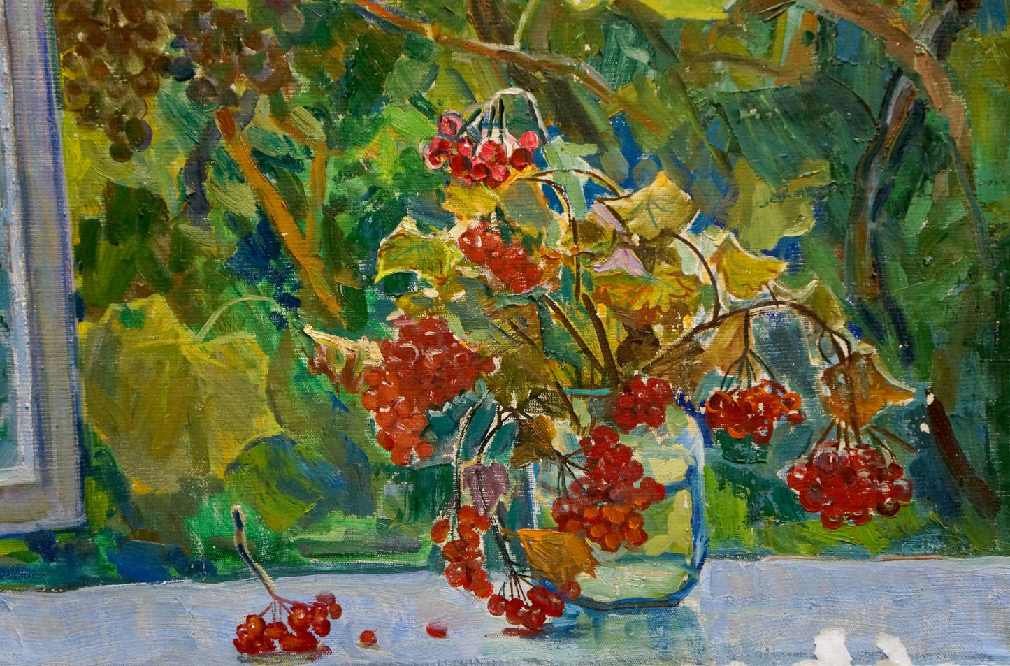 Oil painting by Zinaida Vladimirovna Volkovinskaya of red berries in jar