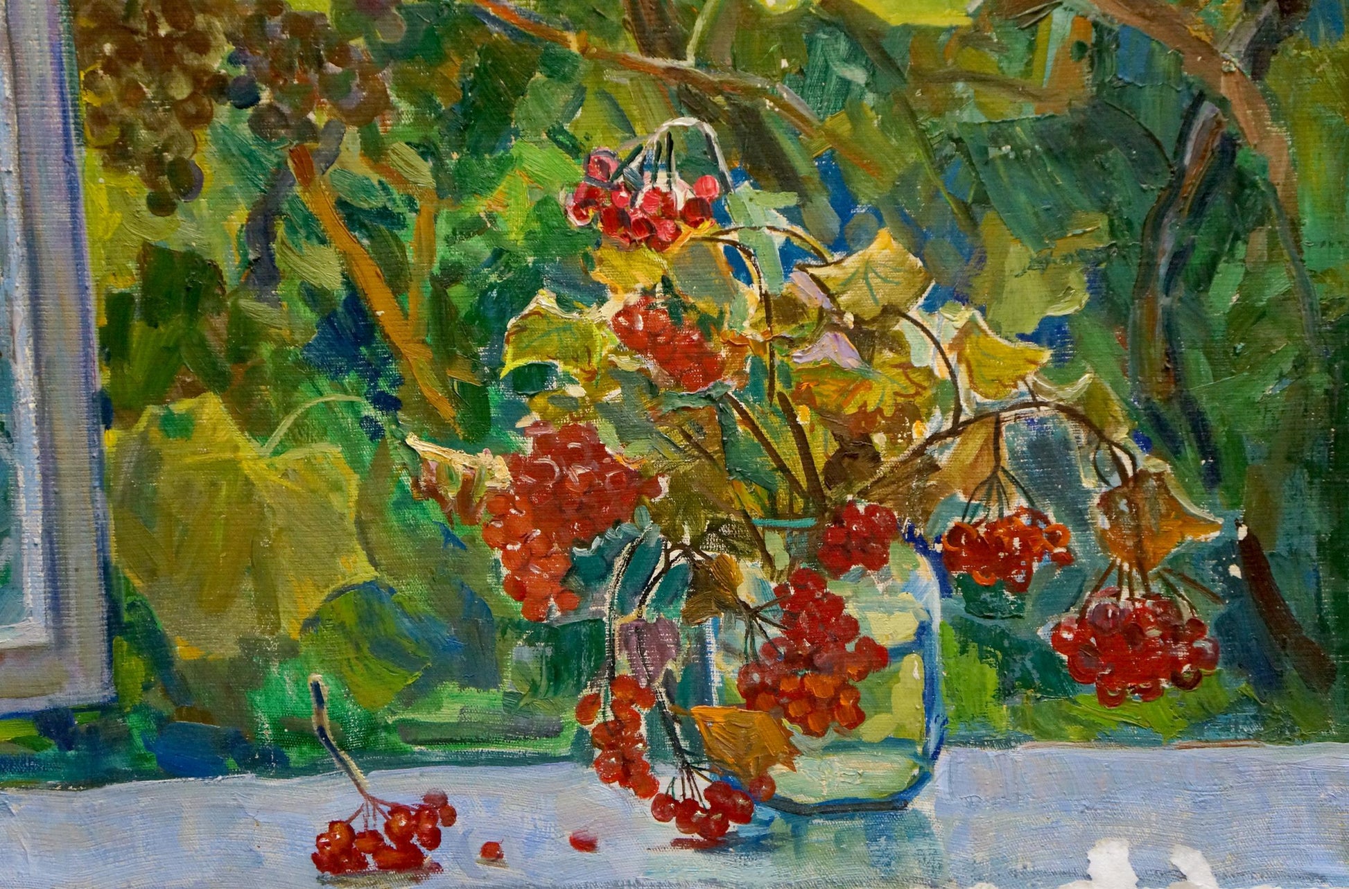 Oil painting by Zinaida Vladimirovna Volkovinskaya of red berries in jar