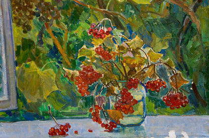 Oil painting by Zinaida Vladimirovna Volkovinskaya of red berries in jar