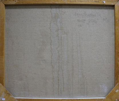 Back of Autumn oil painting by Zinaida Vladimirovna Volkovinskaya with beige canvas, pencil marks, water stains