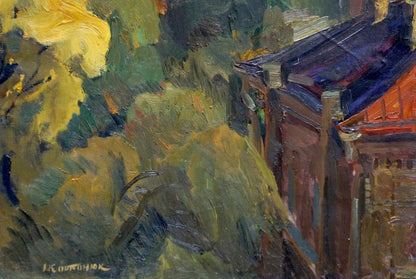 Vibrant impressionistic oil painting by Kovtonyuk Ivan Anan’yevich of urban landscape with lush green foliage