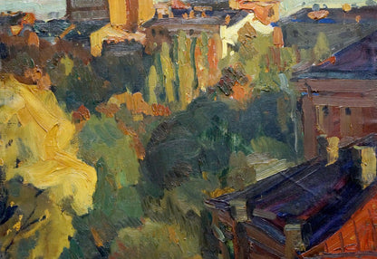 Vibrant impressionist oil painting by Kovtonyuk Ivan Anan’yevich, sunlit urban landscape