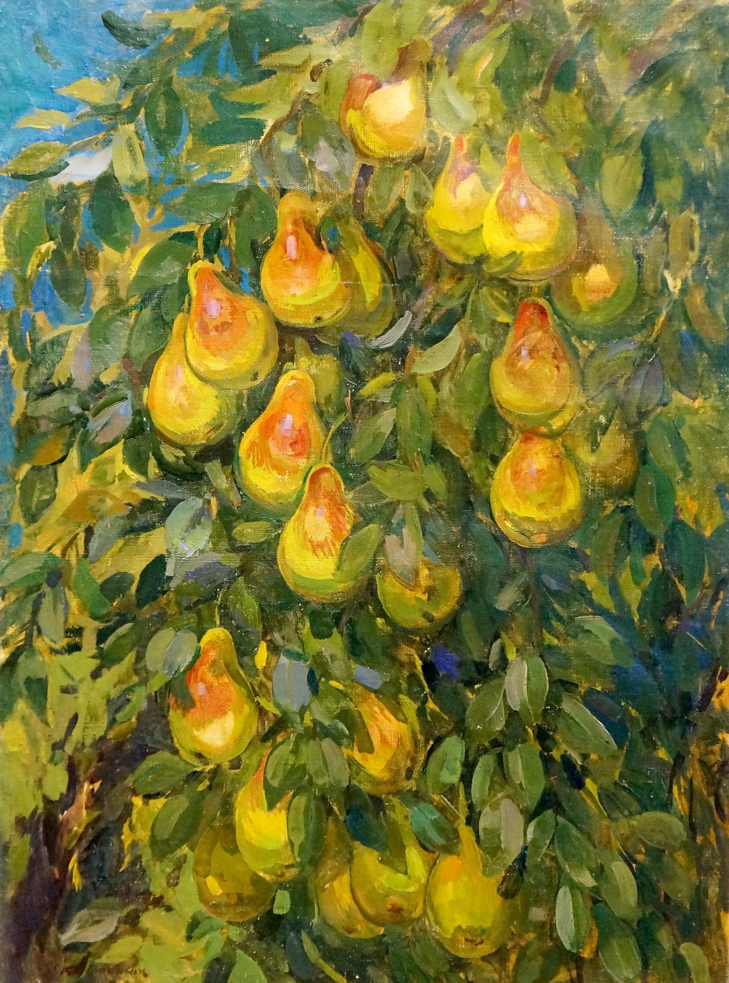 Oil painting of ripe golden pears on lush tree by Kovtonyuk Ivan Anan’yevich
