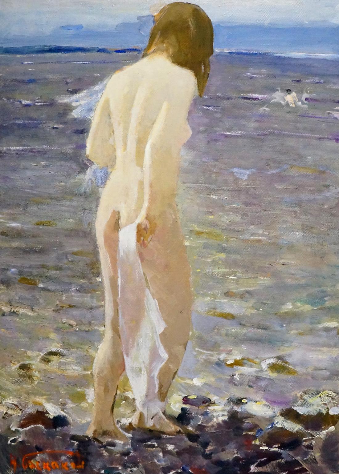 Oil painting portrait by Baskakov N.N. of pale nude girl on rocky shore