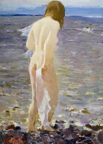 Oil painting portrait by Baskakov N.N. of pale nude girl on rocky shore