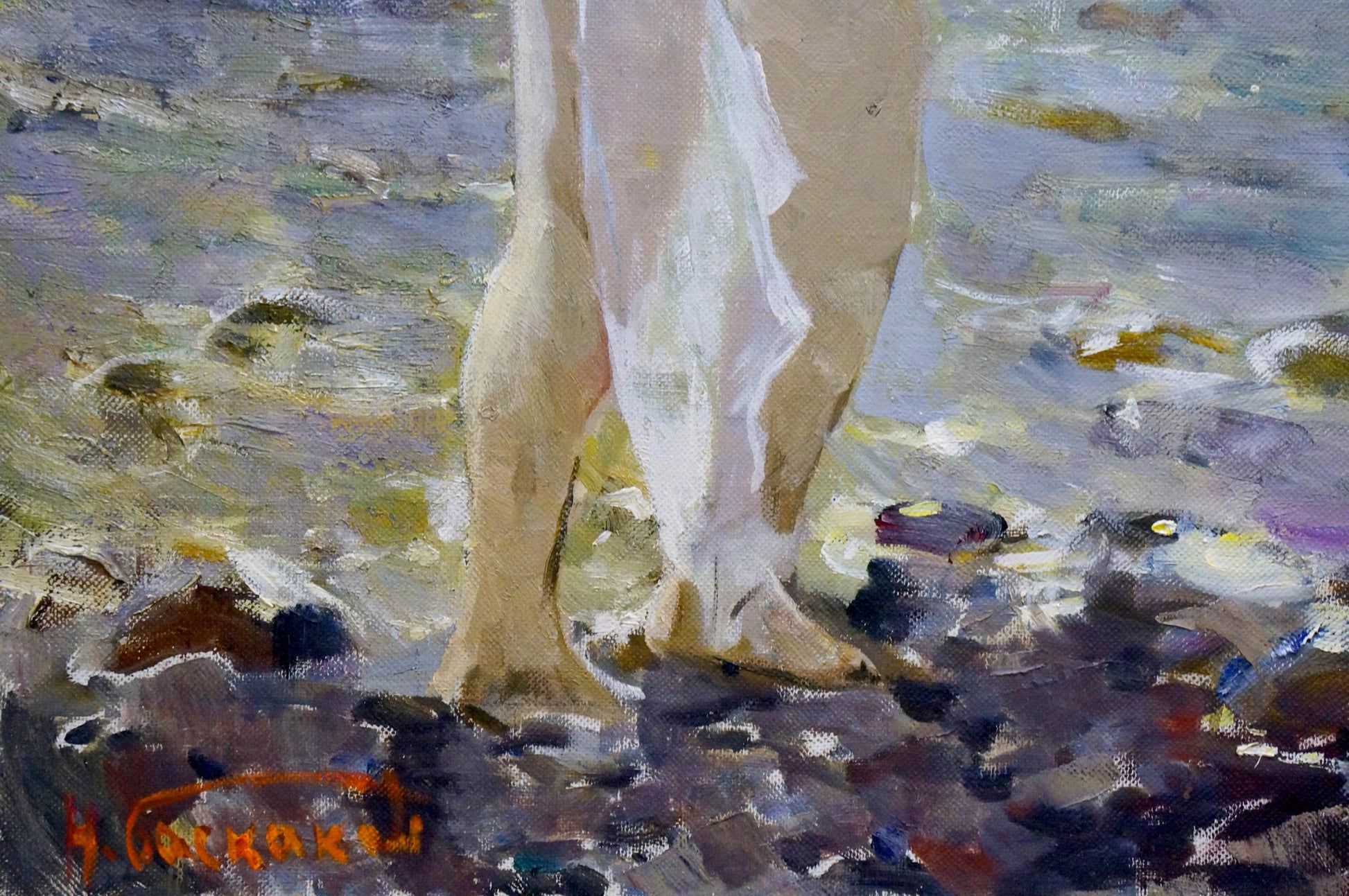 Oil painting by Baskakov N.N.: elegant white fabric draping bare legs on shoreline