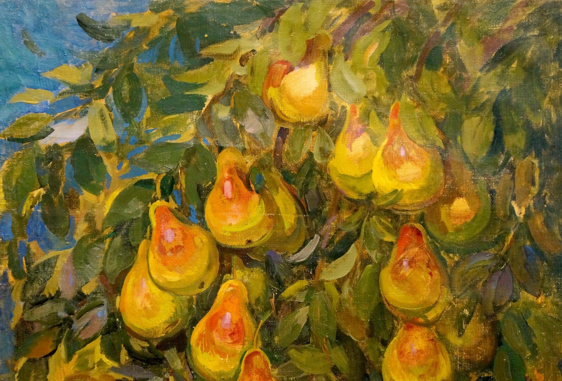Vibrant impressionistic oil painting of golden pears on tree by Kovtonyuk Ivan Anan’yevich