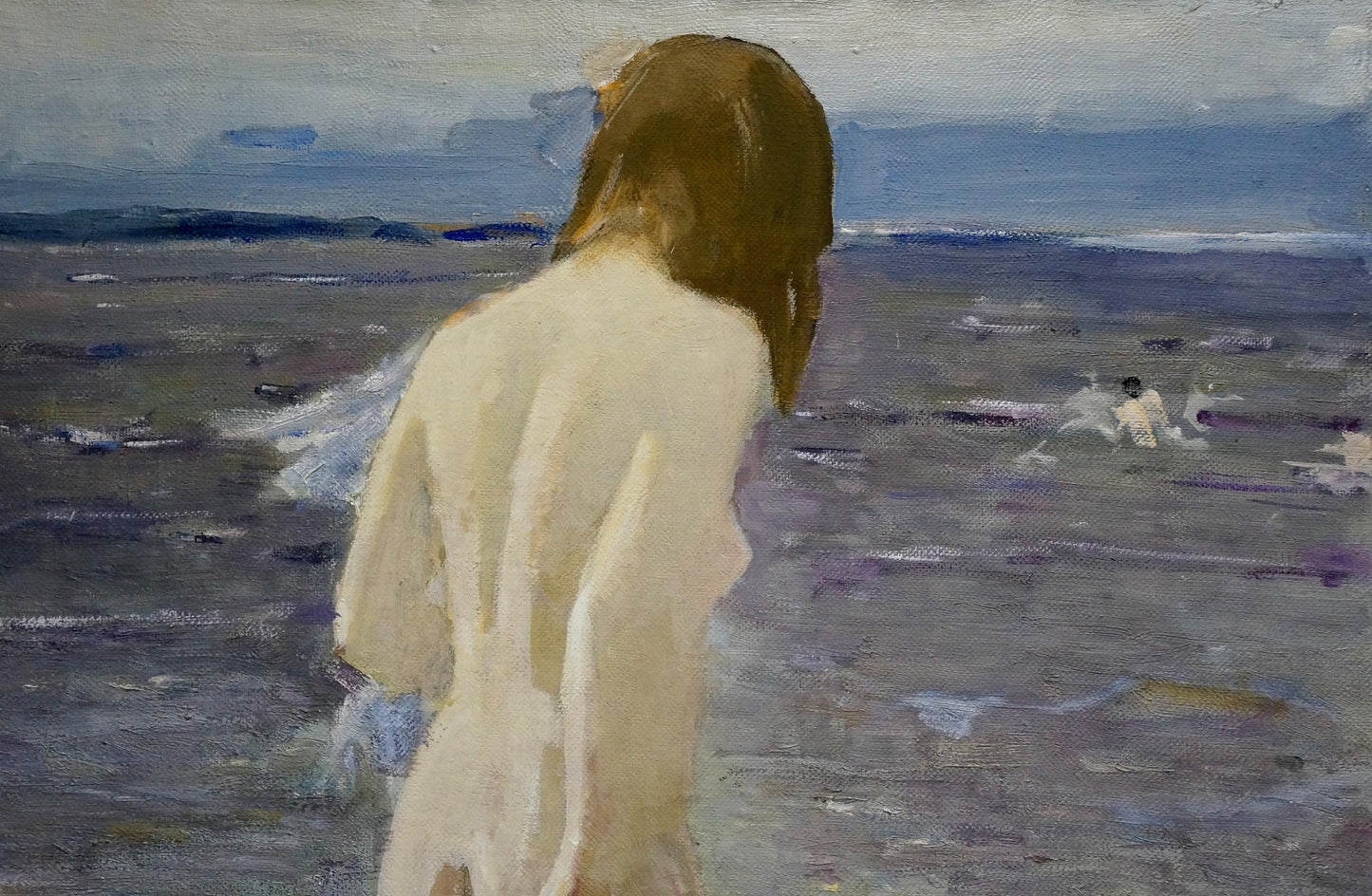 Back view oil painting portrait of pale girl with long brown hair in water by Baskakov N.N